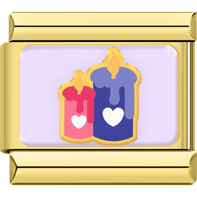 A gold Italian charm featuring two lit candles, one pink and one blue, each with small heart symbols.